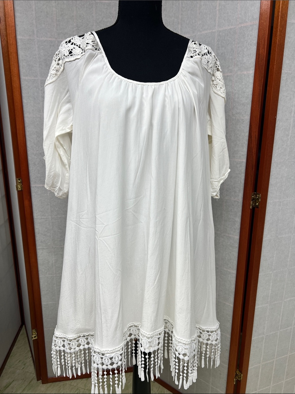 White Boho Crochet Trim Tunic Dress